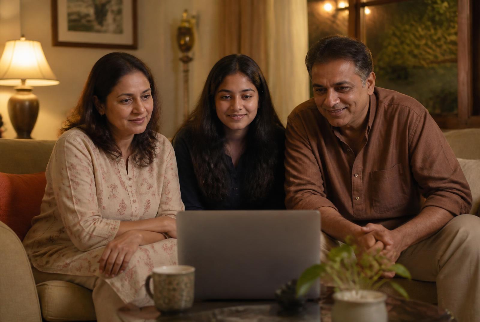 An Indian family on a video call with their child studying in the US